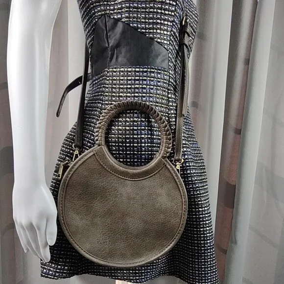 Antik Kraft Round Crossbody Bag Gray Brown Faux Leather Braided Handle - Picture 13 of 14